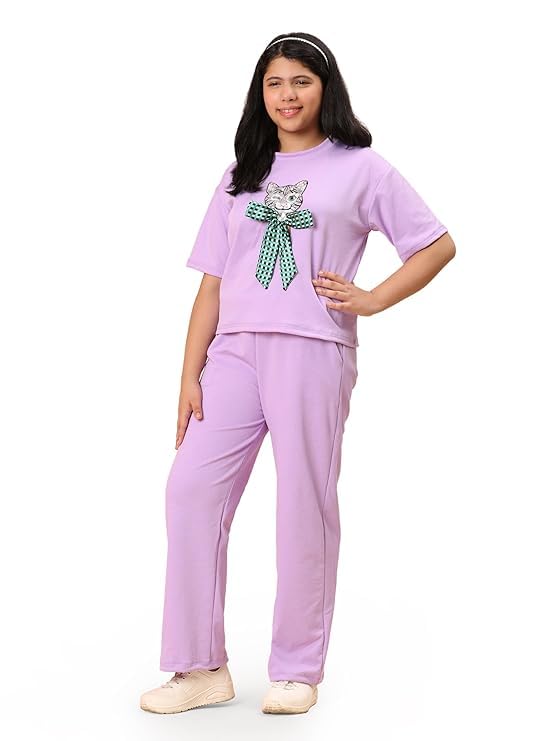 Women's Casual Lounge Set, T-Shirt with Cat Bow Print and Women's Casual Lounge Set, T-Shirt with Cat Bow Print and Matching Pants