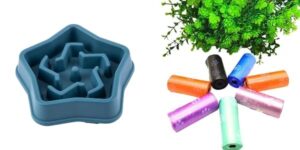 Pet Feeding Bowls for Dogs and Cats, Durable Non-Slip Feeding Bowl, Star Design (Blue) and Pet Waste Trash Bags for Dogs, Cats, Biodegradable, of 8 Rolls (120 Bags) Combo