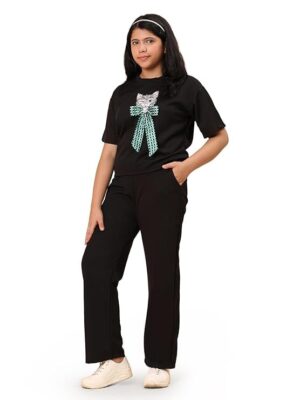 Women's Casual Lounge Set, T-Shirt with Cat Bow Print and Women's Casual Lounge Set, T-Shirt with Cat Bow Print and Matching Pants