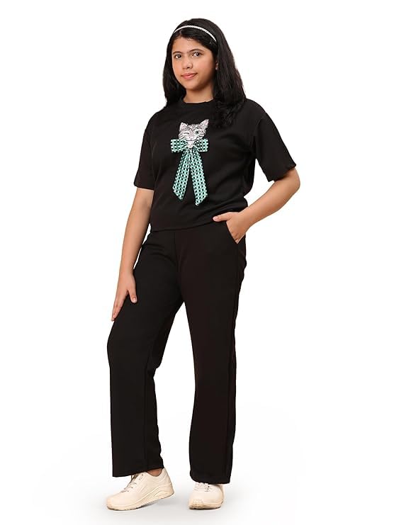 Women's Casual Lounge Set, T-Shirt with Cat Bow Print and Women's Casual Lounge Set, T-Shirt with Cat Bow Print and Matching Pants