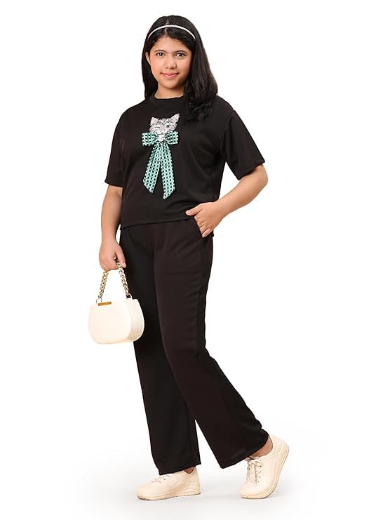 41tf2rTmDcL.jpg Women's Casual Lounge Set, T-Shirt with Cat Bow Print and Matching Pants