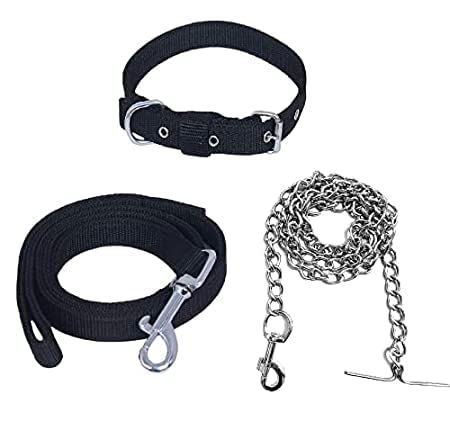 Combo: Collar, Leash, and Belt With Silver Chain for Medium Size Dogs - Width 20 MM (Large, Black)
