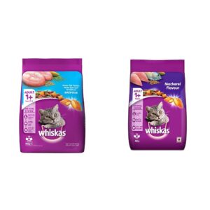 Whiskas Adult (+1 Year) Dry Cat Food, Ocean Fish Flavour, 480g Pack & Adult (+1 Year) Dry Cat Food, Mackerel Flavour, 480g Pack