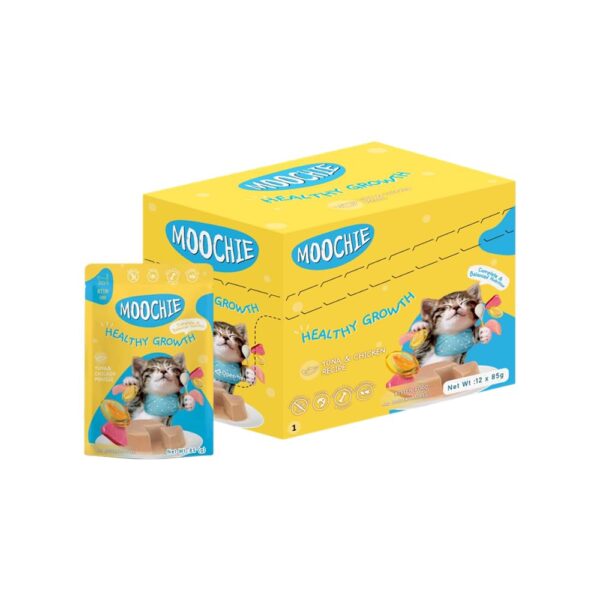 PETS EMPIRE Moochie Tasty Wet Cat Food, Grain Free Cats Gravy Meal (85 g X 12 Pouches) Healthy Growth Tuna Mousse with Chicken, No Artificial Flavours Kitten Food, Non-Vegetarian Cat Foods Pouch
