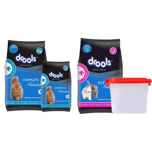 Drools Adult(+1 Year) Dry Cat Food, Ocean Fish, 3 kg Drools Adult(+1 Year) Dry Cat Food, Ocean Fish, 3 kg + 1.2 kg Free & Kitten(1-12 Months) Dry Cat Food, Ocean Fish, 1.2kg with Free Container