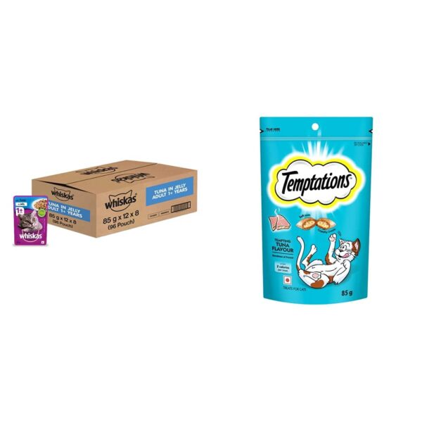 Whiskas Wet Cat Food for Adult Cats (1+Years), Tuna in Whiskas Wet Cat Food for Adult Cats (1+Years), Tuna in Jelly Flavour, 96 Pouches (96 x 85g) & Cat Treat, Tempting Tuna Flavour - 85 g