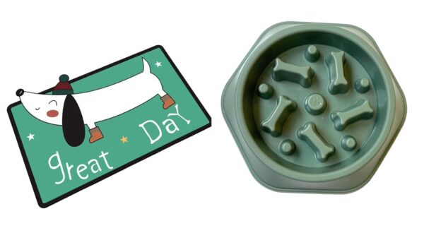 Adorable Crystal Velvet Cartoon Cat Litter Mat - Ultra Soft, 60 x 35cm (Green, Dog) And Pet Bowl, Feeding Bowl, Dog Bowl, Slow Eating Bowl for Dogs and Cats, Non Slip (Green) Combo Pack