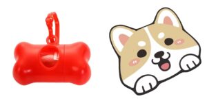 Poop Bag Holder Bone Shaped Pet Waste Disposal Container with Key Chain for Dogs (Red) And Adorable Crystal VelvetPolyester Cartoon Litter Mat - Ultra Soft 60 x 35cm (Dog Face)