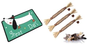 Adorable Crystal Velvet Cartoon Cat Litter Mat - Ultra Soft, 60 x 35cm (Green, Dog) And Silvervine Stick for Cats with Sisal Rope and Gall fruit, Cat Chew Toy set of 3| 21 Cm each Combo Pack