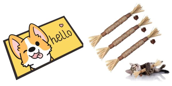 Adorable Crystal Velvet Cartoon Cat Litter Mat - Ultra Soft, 60 x 35cm (Yellow, Dog) And Silvervine Stick for Cats with Sisal Rope and Gall fruit, Natural Catnip Alternative, Cat Chew Toy set of 3