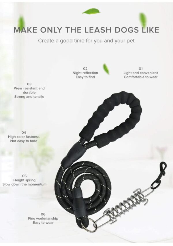 Strong Dog Leash with Comfortable Padded Handle, Spring and Highly Reflective Threads for Small Medium and Large Dogs