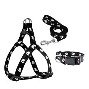 Woofy Pet Paw Print Nylon Puppy Harness + Leash and Woofy Pet Paw Print Nylon Puppy Harness + Leash and Collar Set for Small & Medium Dogs (Black)
