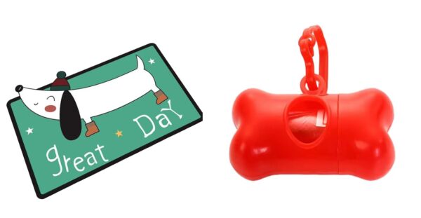 Adorable Crystal Velvet Cartoon Cat Litter Mat - Ultra Soft, 60 x 35cm (Green, Dog) And Poop Bag Holder Bone Shaped Pet Waste Disposal Container with Key Chain with 1 PoopBag Roll (Red) Combo Pack