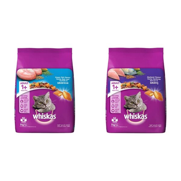 Whiskas Adult (+1 Year) Dry Cat Food, Ocean Fish Flavour, Whiskas Adult (+1 Year) Dry Cat Food, Ocean Fish Flavour, 3kg Pack & Whiskas Adult (+1 Year) Dry Cat Food, Mackerel Flavour, 3kg Pack