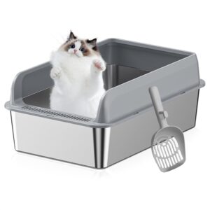 Qpets® Open Top Stainless Steel Cat Litter Box Easy to Clean with Anti-Tip Design Includes Scoop & 4 Non-Slip Mats High Wall Cat Toilet for Odor Control (50x35x20cm, for Under 10kg Cats)
