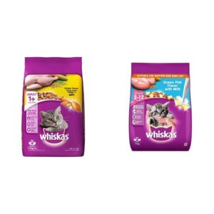 Whiskas Adult (+1 Year) Dry Cat Food, Chicken Flavour, 1.2kg Pack and Kitten (2-12 Months) Dry Cat Food, Ocean Fish Flavour with Milk, 3 kg Pack