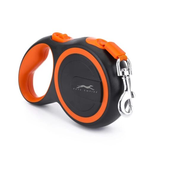 Pets Empire Retractable Dog Leash Walking Jogging Training Leash with Polyester Tape with Hand Grip and One Button Brake & Lock (Medium) 5mm / 16 Feet Long Orange Color
