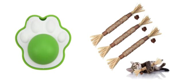 Catnip Wall Toy, Rotatable , Cat Chew Toys, (Paw Shape) Catnip Wall Toy, Rotatable , Cat Chew Toys, (Paw Shape) And Silvervine Stick for Cats with Sisal Rope and Gall fruit, Natural Catnip Alternative, Cat Chew Toy set of 3 Silvervine sticks 21 Cm each
