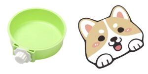 Round Cage Hanging Pet Bowl for Dog and Cat Food with Plastic Lock (Green) and Adorable Crystal Velvet Cartoon Cat Litter Mat - Ultra Soft, 60 x 35cm (White, Coffee, Dog Face) Combo Pack