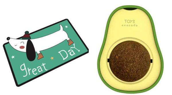 Adorable Crystal Velvet Cartoon Cat Litter Mat - Ultra Soft, 60 x 35cm (Green, Dog) And Silvervine, Gall Fruit Catnip Wall Toy, Cat Chew Toys, Edible Cat Licking Toy (Avocado Shape) Combo Pack
