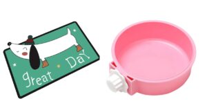 Adorable Crystal Velvet Cartoon Cat Litter Mat - Ultra Soft, 60 x 35cm (Green, Dog) And Round Cage Hanging Pet Bowl for Dog and Cat Food with Plastic Lock (Pink) Combo Pack