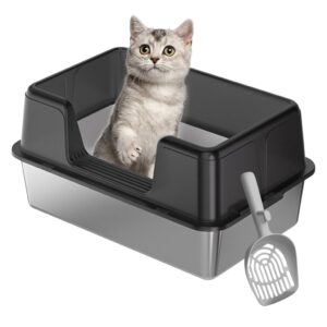 Qpets® Stainless Steel Cat Litter Box, Roofless Cat Litter Box Large Cat Litter Box with Elevated Anti-Splash PP Guard Design - 50x28x35CM