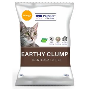 PetCrux Earthy Clump 20Kg 100% Natural Bentonite Odour Lock Orange Scented Clay Dust Free Single Money Saver Pack of Absorbent Eco-Friendly Sand for All Breeds of Cats