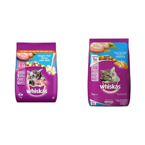Whiskas Kitten (2-12 Months) Dry Cat Food, Ocean Fish Flavour Whiskas Kitten (2-12 Months) Dry Cat Food, Ocean Fish Flavour with Milk, 3 Kg Pack & Adult (+1 Year) Dry Cat Food, Ocean Fish Flavour, 7Kg Pack