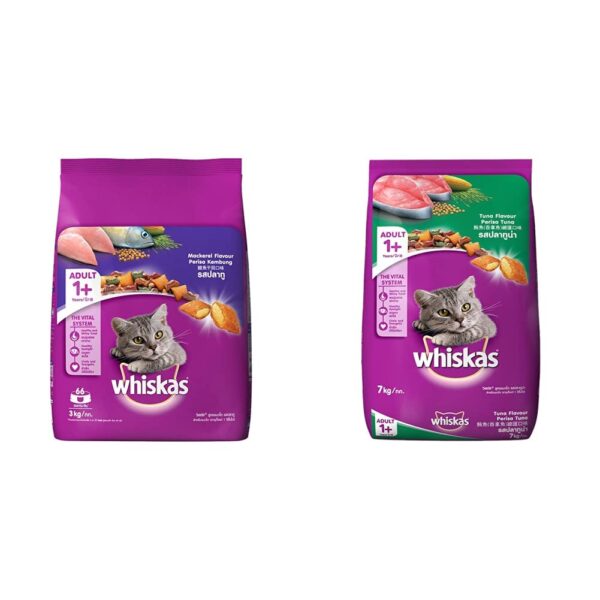 Whiskas Adult (+1 Year) Dry Cat Food, Mackerel Flavour, 3Kg Whiskas Adult (+1 Year) Dry Cat Food, Mackerel Flavour, 3Kg Pack & Adult (+1 Year) Dry Cat Food, Tuna Flavour, 7Kg Pack