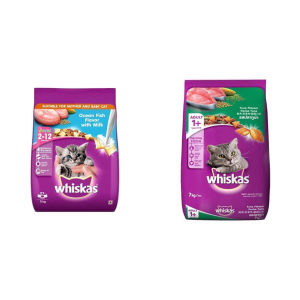 Whiskas Kitten (2-12 Months) Dry Cat Food, Ocean Fish with Whiskas Kitten (2-12 Months) Dry Cat Food, Ocean Fish with Milk, 3kg Pack & Adult (+1 Year) Dry Cat Food, Tuna Flavour, 7kg Pack