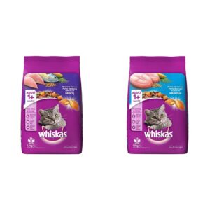 Whiskas Adult (+1 Year) Dry Cat Food, Mackerel Flavour, 1.2kg Pack & Whiskas Adult (+1 Year) Dry Cat Food, Ocean Fish Flavour, 1.2kg Pack