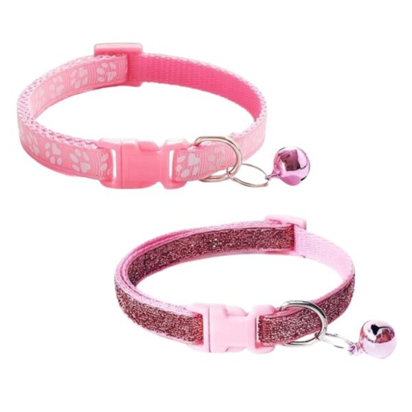 YellowCult 2 Piece Pet Collars for Cats, Puppies, Small Dogs, Fat Rabbits with Adjustable Size, Bell & Buckle Safety Lock-[Paw & Glittering]-[Pink]