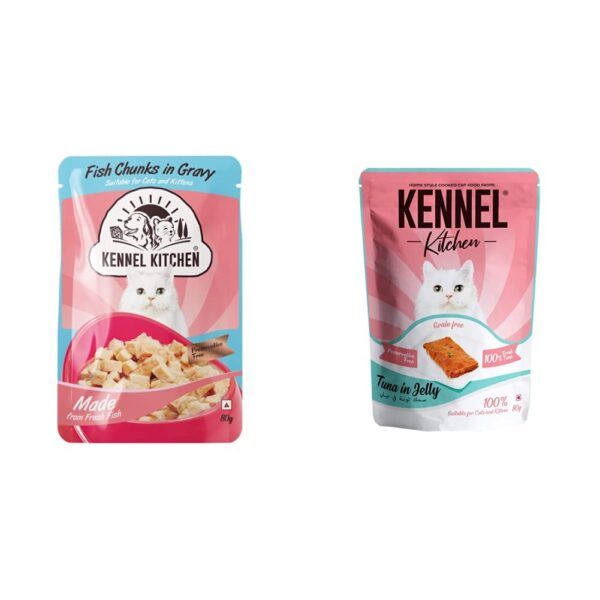 Kennel Kitchen Wet Cat Food for Adults and Kittens, Fish Chunks in Gravy, 12 Pouches (12 X 100g) & Tuna in Jelly, 12 x 80g Each Grain Free Wet Cat Food for Adults & Kittens
