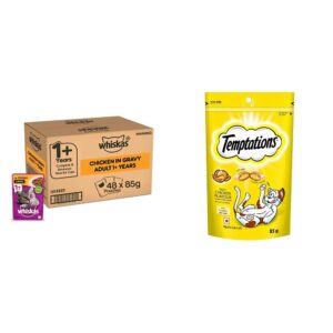 Whiskas Wet Cat Food for Adult Cats (1+Years), Chicken in Gravy Flavour, 48 Pouches (48 x 85g) & Cat Treat, Tasty Chicken Flavour - 85 g