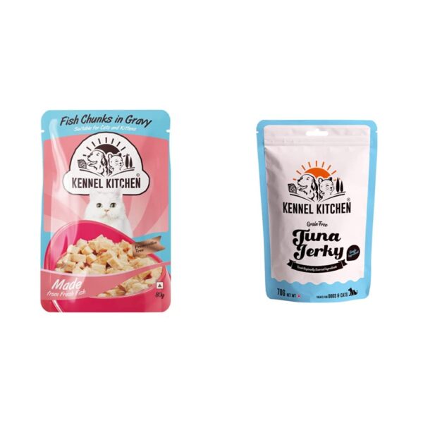Kennel Kitchen Wet Cat Food for Adults and Kittens, Fish Kennel Kitchen Wet Cat Food for Adults and Kittens, Fish Chunks in Gravy, 12 Pouches (12 X 80 GMS)&Kennel Kitchen Fish Jerky Treats for Dogs & Cats, 80g (Pack of 1)