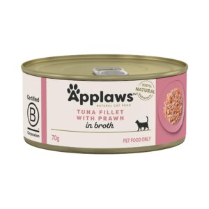 Applaws Natural Premium Wet Cat Food for Adult Cats, Tuna Fillet and Prawns in Broth Pack of 4 x 70g Cans