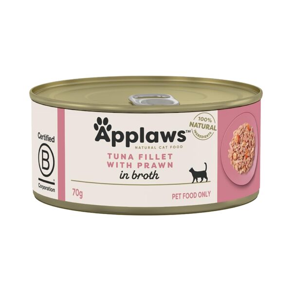 Applaws Natural Premium Wet Cat Food for Adult Cats, Tuna Fillet and Prawns in Broth Pack of 4 x 70g Cans