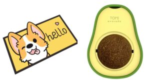 Adorable Crystal Velvet Cartoon Cat Litter Mat - Ultra Soft, Waterproof, 60 x 35cm (Yellow, Dog) And Silvervine, Gall Fruit Catnip Wall Toy, Rotatable, Cat Chew Toys, (Avocado Shape) Combo Pack