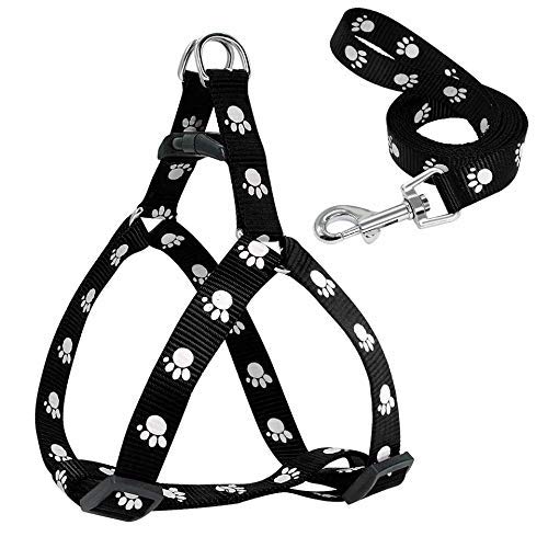 51shIs3gejL.jpg Woofy Pet Paw Print Nylon Puppy Harness + Leash and Collar Set for Small & Medium Dogs (Black)