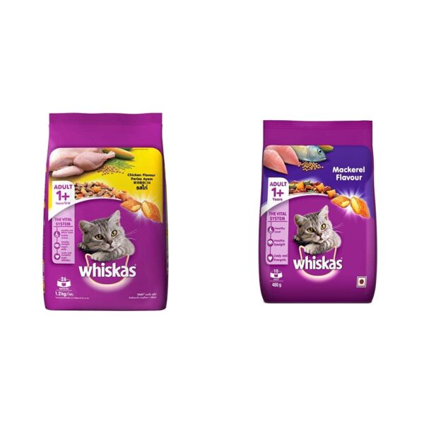 Whiskas Adult (+1 Year) Dry Cat Food, Chicken Flavour, 1.2kg Whiskas Adult (+1 Year) Dry Cat Food, Chicken Flavour, 1.2kg Pack and Adult (+1 Year) Dry Cat Food, Mackerel Flavour, 480g Pack