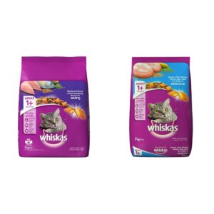 Whiskas Adult (+1 Year) Dry Cat Food, Mackerel Flavour, 3kg Pack & Adult (+1 Year) Dry Cat Food, Ocean Fish Flavour, 7kg Pack
