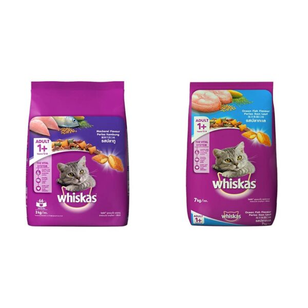 Whiskas Adult (+1 Year) Dry Cat Food, Mackerel Flavour, 3kg Whiskas Adult (+1 Year) Dry Cat Food, Mackerel Flavour, 3kg Pack & Adult (+1 Year) Dry Cat Food, Ocean Fish Flavour, 7kg Pack