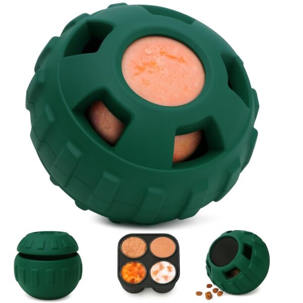 4-in-1 Dog Toys, Frozen Dog Treat to Keep Them Busy, Treats Puzzle Ball Toy, Interactive Treat Dispensing Dog Toy, Durable Rubber Chew Toys, DIY Freezable Fillable Treat Toy (Green Medium)