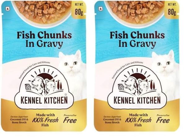 Kennel Kitchen Wet Cat Food for Adults and Kittens, Fish Chunks in Gravy, 12 Pouches (12 X 80 GMS) (Pack of 2)