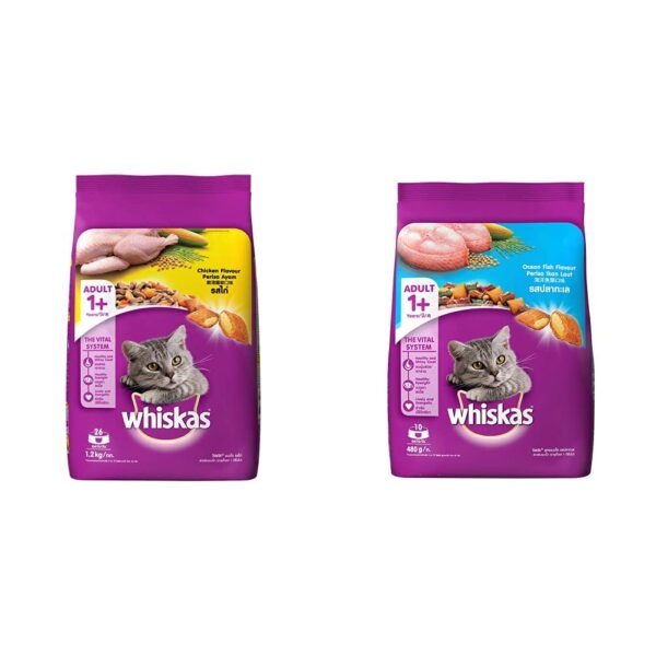 Whiskas Adult (+1 Year) Dry Cat Food, Chicken Flavour, 1.2kg Whiskas Adult (+1 Year) Dry Cat Food, Chicken Flavour, 1.2kg Pack & Adult (+1 Year) Dry Cat Food, Ocean Fish Flavour, 480g Pack