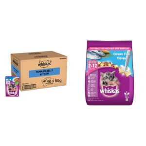 Whiskas Wet Food for Kittens (2-12 Months), Tuna in Jelly Flavour, 48 Pouches (48 x 85g)&Whiskas Dry Food for Kittens (2-12 Months), Ocean Fish Flavour, 450g Pack