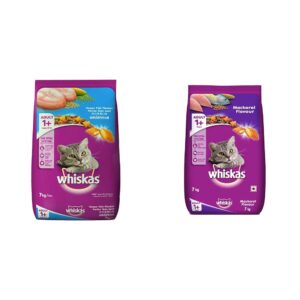Whiskas Adult (+1 Year) Dry Cat Food, Ocean Fish Flavour, 7kg Pack and Adult (+1 Year) Dry Cat Food, Mackerel Flavour, 7kg Pack