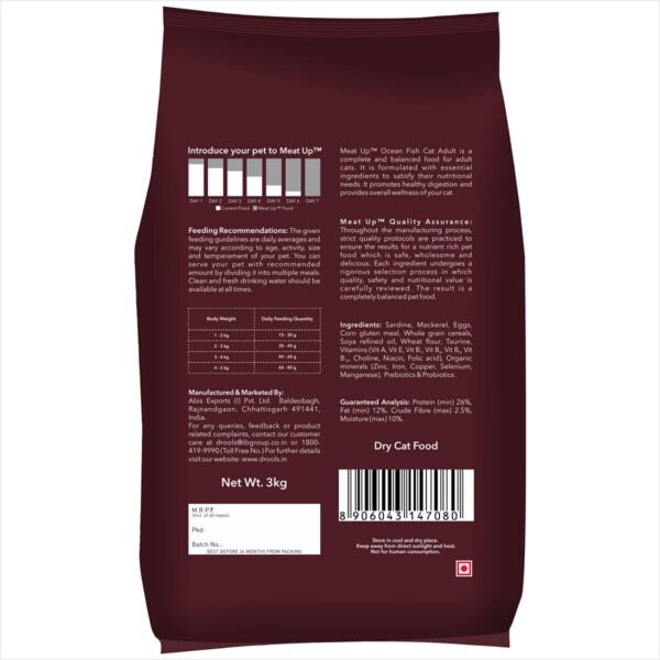 61-Ykxp9yS._SL1200_.jpg Meat Up Adult Cat Food, Ocean Fish - 1.2 kg Pack (Buy 1 GET 1 Free) & Meat Up Adult Cat Food, Ocean Fish - 3 kg Pack (Buy 1 GET 1 Free)