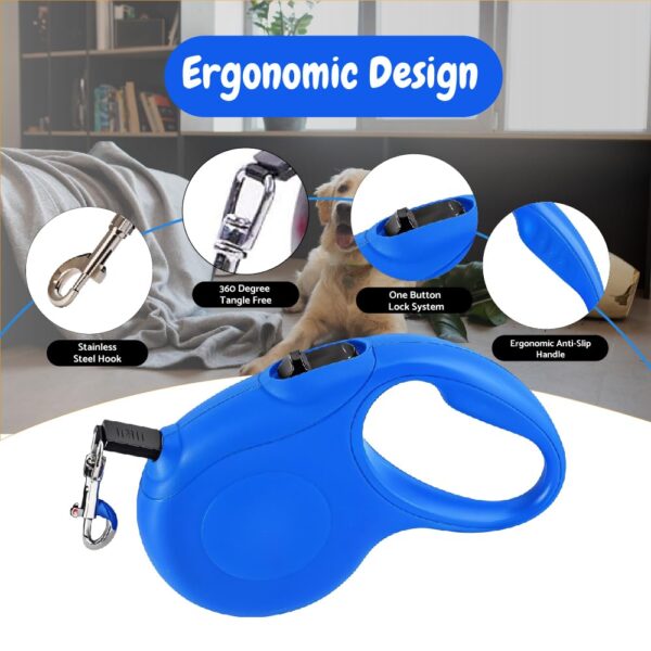 619tZUgyL._SL1000_.jpg Retractable Dog Leash| Heavy Duty 3 Meter| 360°Tangle Free| Strong Nylon Tape with Anti-Slip Handle| One Click Bracke Lock for Dogs Upto 50kgs (Blue)