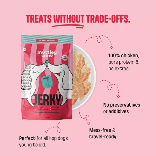 61BwCj7a1L._SL1000_.jpg Muttley Crew Dog Jerky Lean Chicken Meat | Healthy Adult Dog Treats for Easy Digestion | All Natural | Grain-Free | Gluten-Free | No Preservatives | No Artificial Flavour (50 Grams)